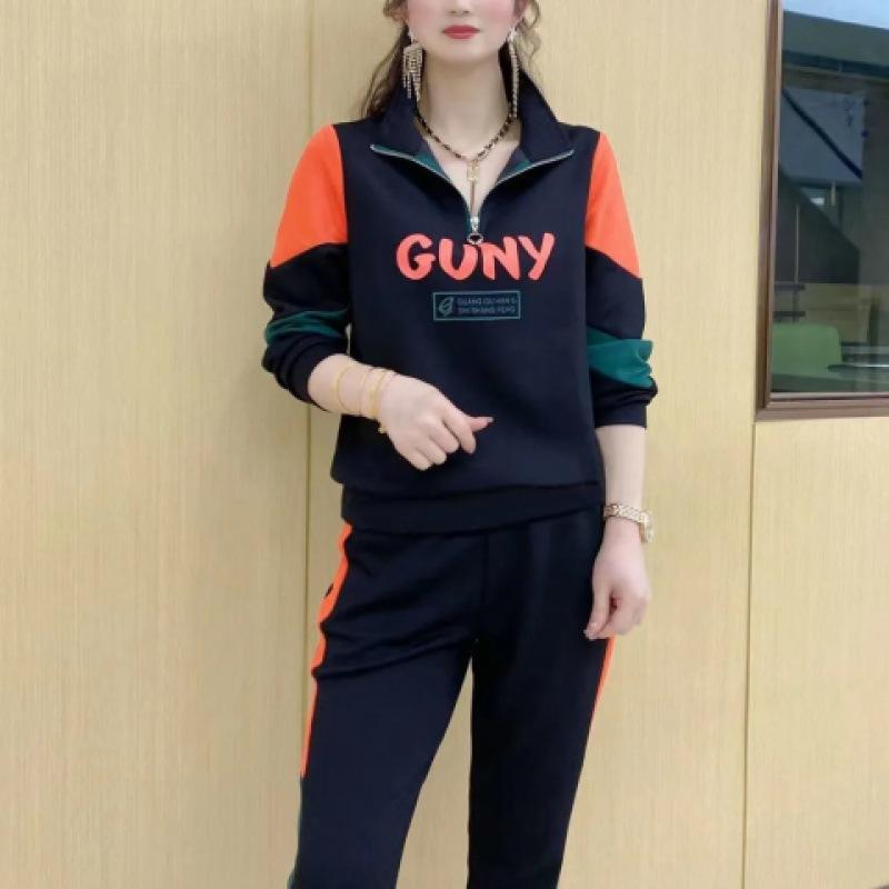 Casual Sports Suit for Women, Spring Letter Print, Stylish, Versatile, Slim Sweatshirt and Trousers Two-piece Set