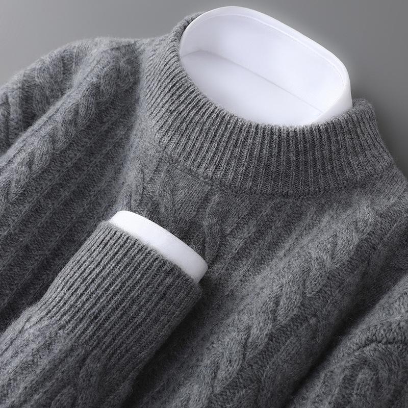 Men’s Pure Wool Thick Half-High Collar Pullover Sweater - Casual Autumn/Winter Knit