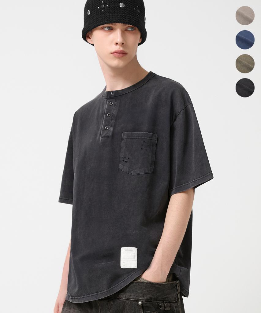 TRILLION Vintage Work Patch Pigment Henley Neck Short Sleeve_4Color