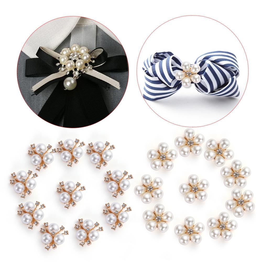 10pcs Flower Rhinestones Buttons Pearl Button Diamante Crystal Bow Wedding Bride Holding Scrapbooking Accessories Apparel Sewing