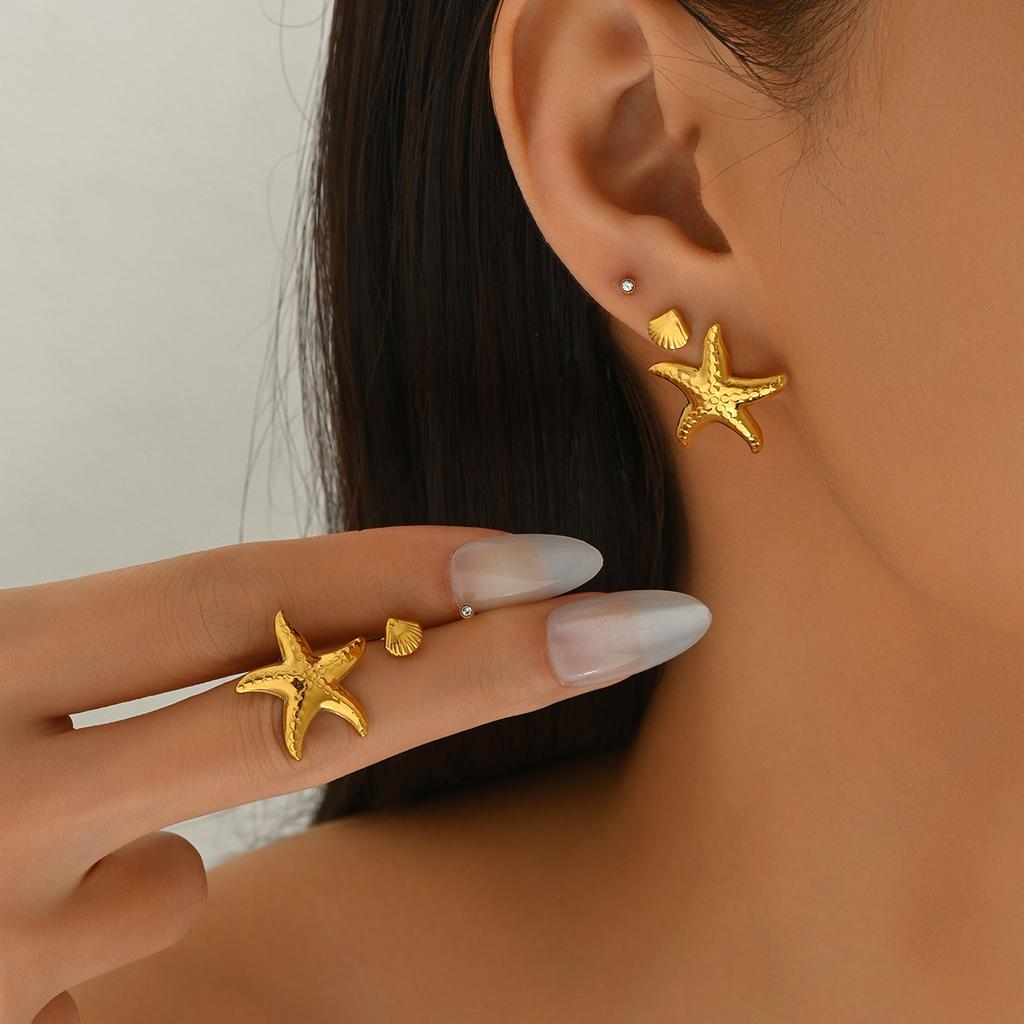 Beach Wind Women's Earrings Set Geometric Starfish Shell Diamond Design Stud Earrings Versatile Earrings