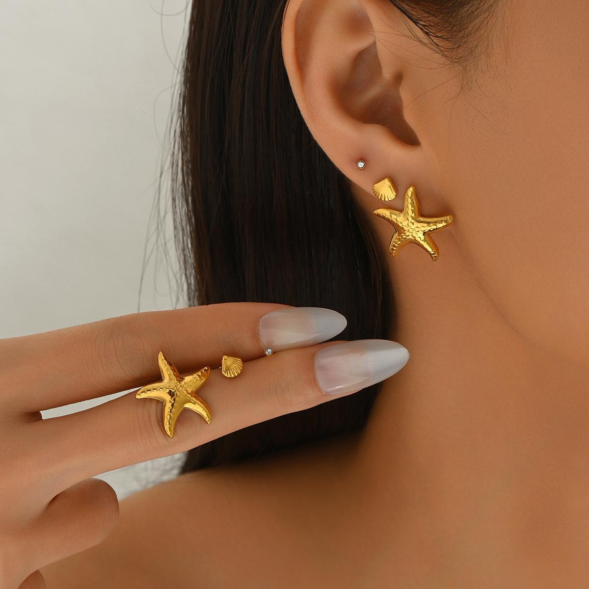 

Пляжный Ветер Женский Набор Серег Геометрический Морская Звезда Ракушка Дизайн с Бриллиантами Серьги-гвоздики Универсальные Серьги