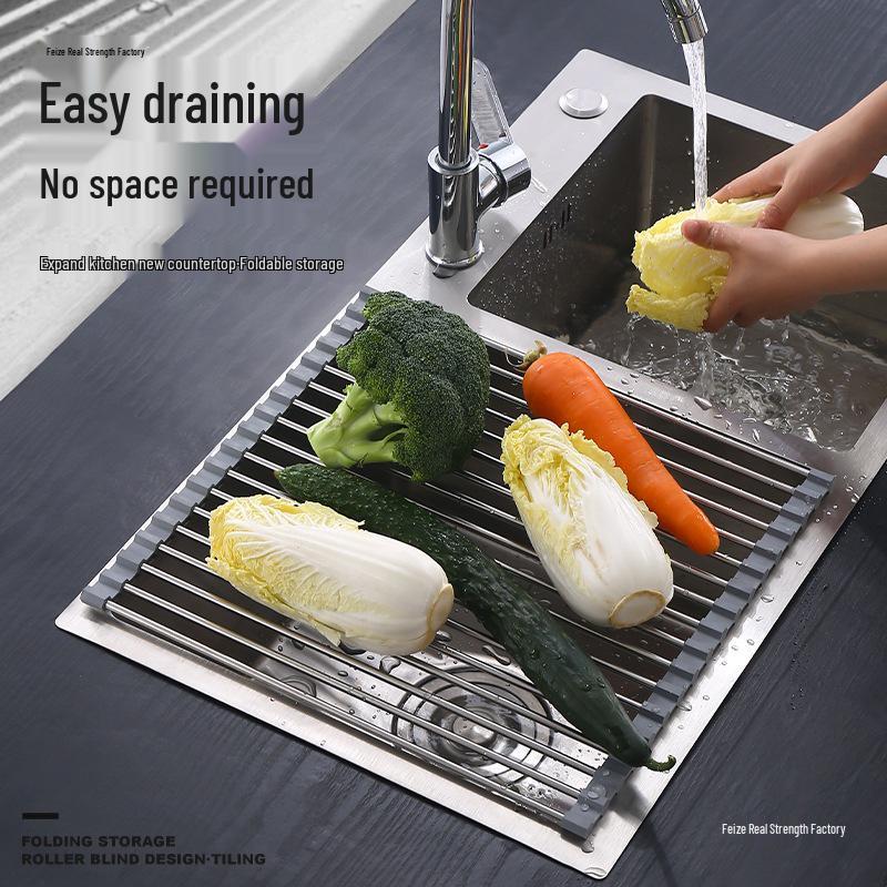 Folding Kitchen Sink Drain Rack with Silicone Mat and Wash Basin Basket