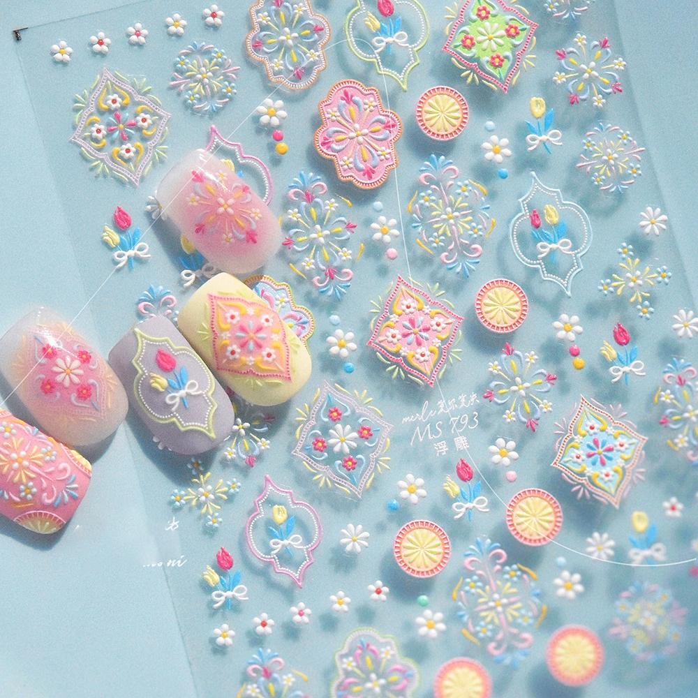 Baroque Pattern Stamping Geometric Totem Flower Retro Star Noble Self Adhesive 5D Nail Art Decoration Sticker Manicure Decal