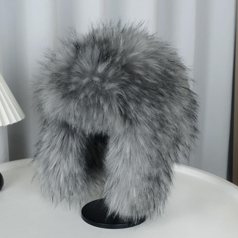 

Fluffy Bomber Hats Round Earflap Faux Fur Faux Fur Hats Warm Russian Style Winter Round Earflap Cap серый