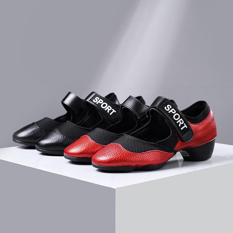 Wu Pa Women's Low Heel Leather Dance Shoes - Soft Sole, Breathable, Velcro Closure, Ideal for Ballroom, Middle-Aged & Elderly.