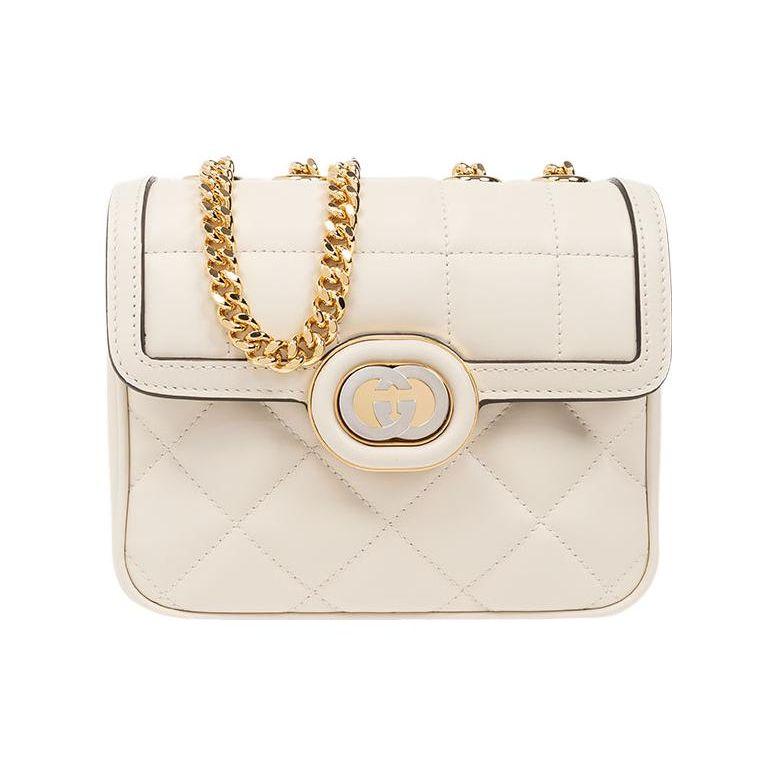 Gucci GG Marmont White Quilted Leather Chain Bag,G Hardware Gold Strap, Women's Flap Closure Crossbody Handbag for Daily Party 741457-AAB1Q-9022