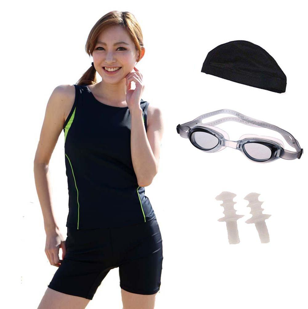 LE MODE de toi Mode de Fitness Swimsuit with Separate Goggles and Swim Cap C-go3SCMB122 (Le Toi) Women's Made-in-Japan Set, Anti-Flip (Lime, 11L)