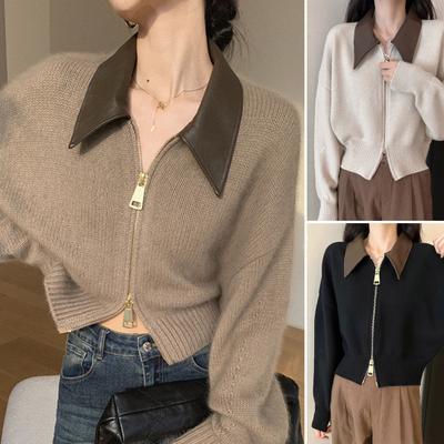 Γυναικείο Πλεκτό Παλτό με Πέτο, Μακρυμάνικο, Κλείσιμο με Φερμουάρ, Πλεκτή Ζακέτα, Πατς με Χρώμα, Ριμπ Λεπτομέρεια, Άνετη Εφαρμογή, Καθημερινά Πλεκτά