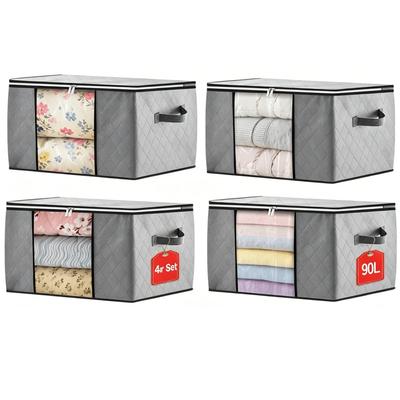 4 Pack 90L Clothes Storage Bags Foldable Closet Organizers for Blanket Comforter Clothing Bedding Under-Bed Storage Containers