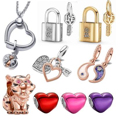 New 925 Sterling Silver Gold Padlock & Key Dangle Charm Fit  Original  Silver Bracelet Beads for Women Fine Jewelry Gift