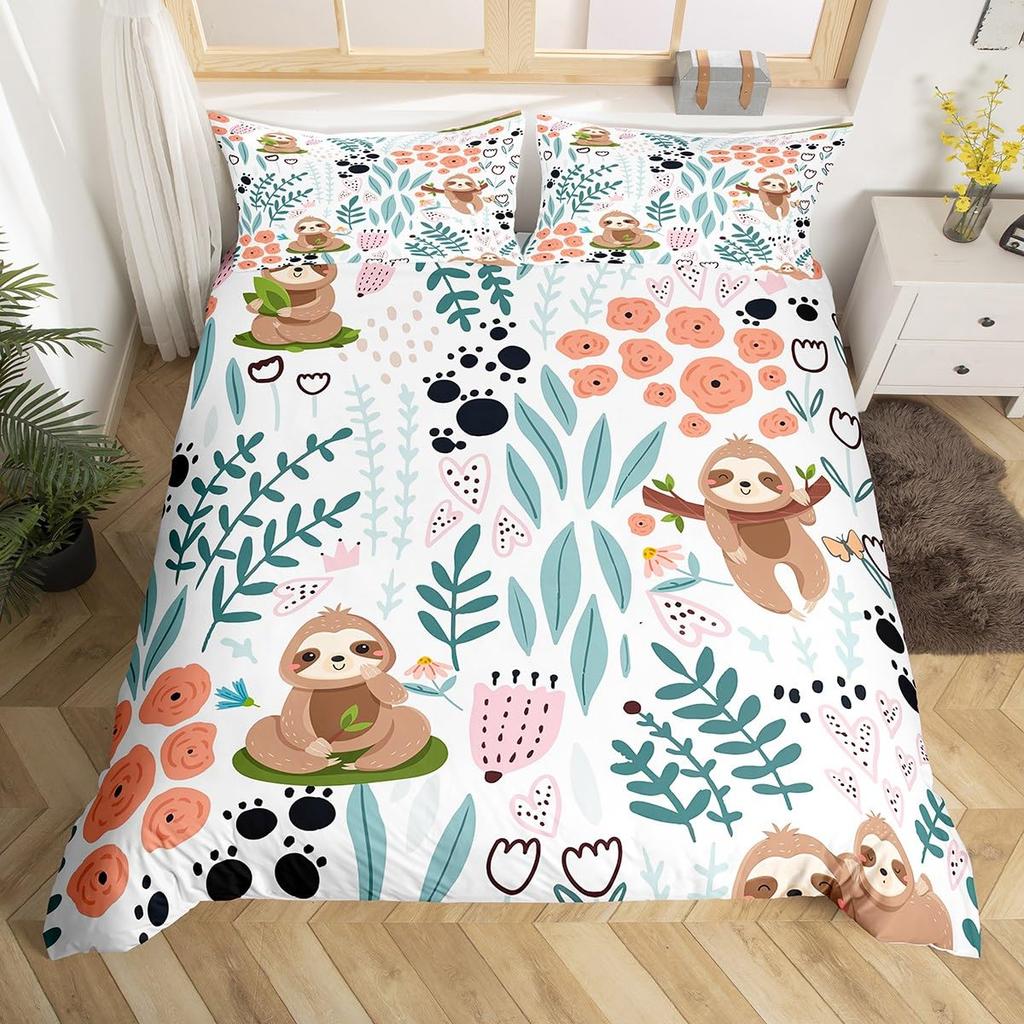 Kids Cute Sloth Duvet Cover Set Cartoon Sloth Printed Comforter Covers Boys Girls 3D Animal Themed Lovely Duvet Cover 2/3 Pcs