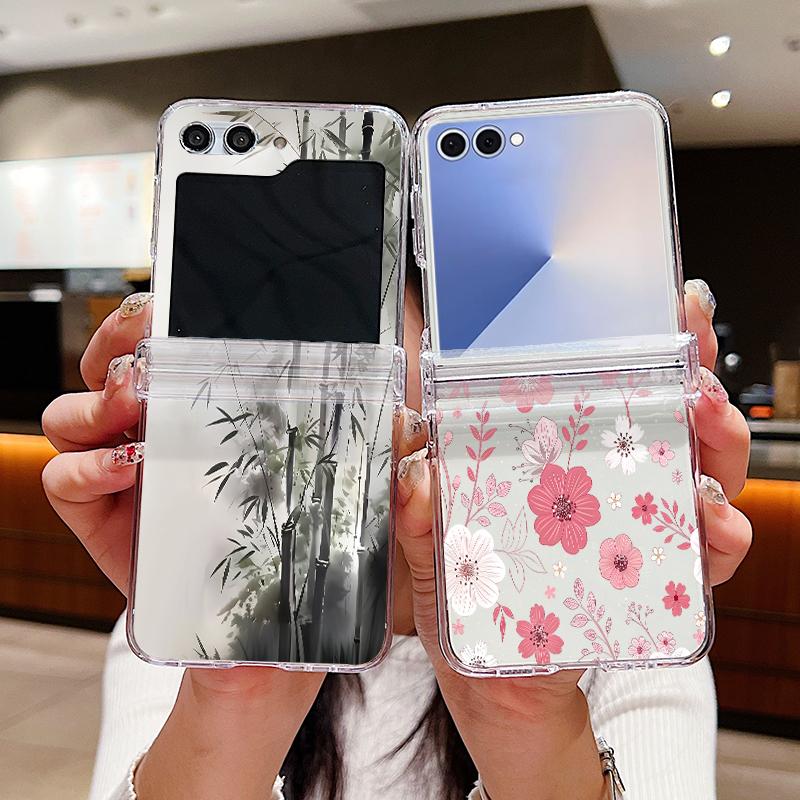 Colorful Flowers Patterned Phone Case For Samsung Galaxy Z Flip 7 FE 6 5 4 3 5G Folding Hard PC Clear Cover For Samsung Z Flip7