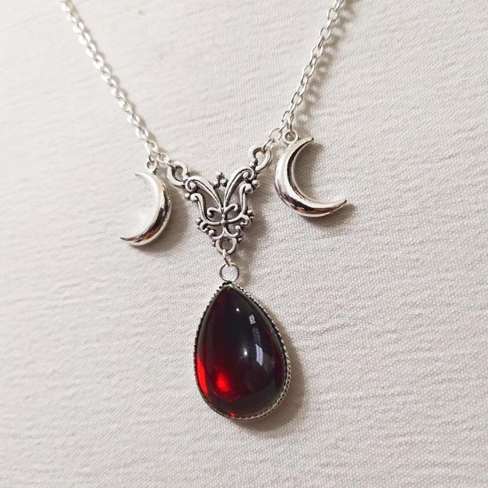Gothic Sliver Color Triple Moon Goddess Black Glass Crystal Water Drop Pendant Necklace for Women Hallowmas Amulet Jewelry Gifts