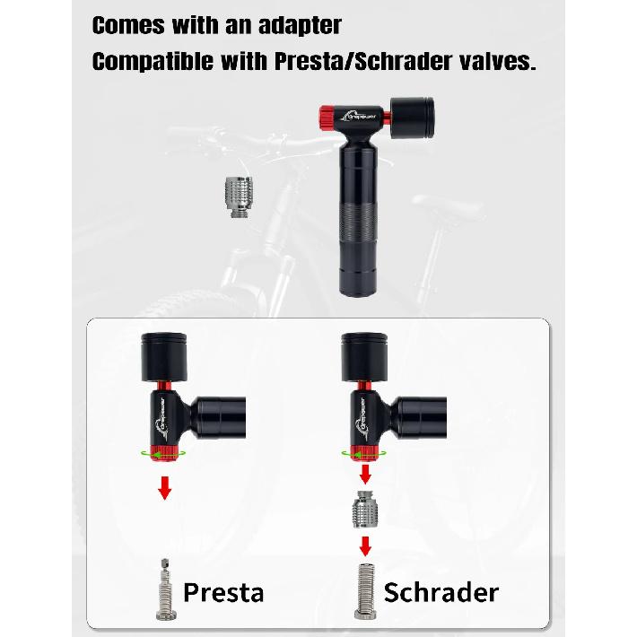 Black Head CO2 Pump with Clear Pressure Gauge Aluminum Alloy Bike Air Mini Cycling Bicycle CO2 Inflator for Road Bikes MTB Bikes