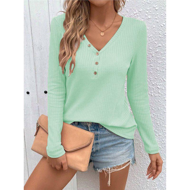 

2024 Women s Bestseller: Waffle Knit V-Neck Button Long Sleeve T-Shirt M світло-зелений колір