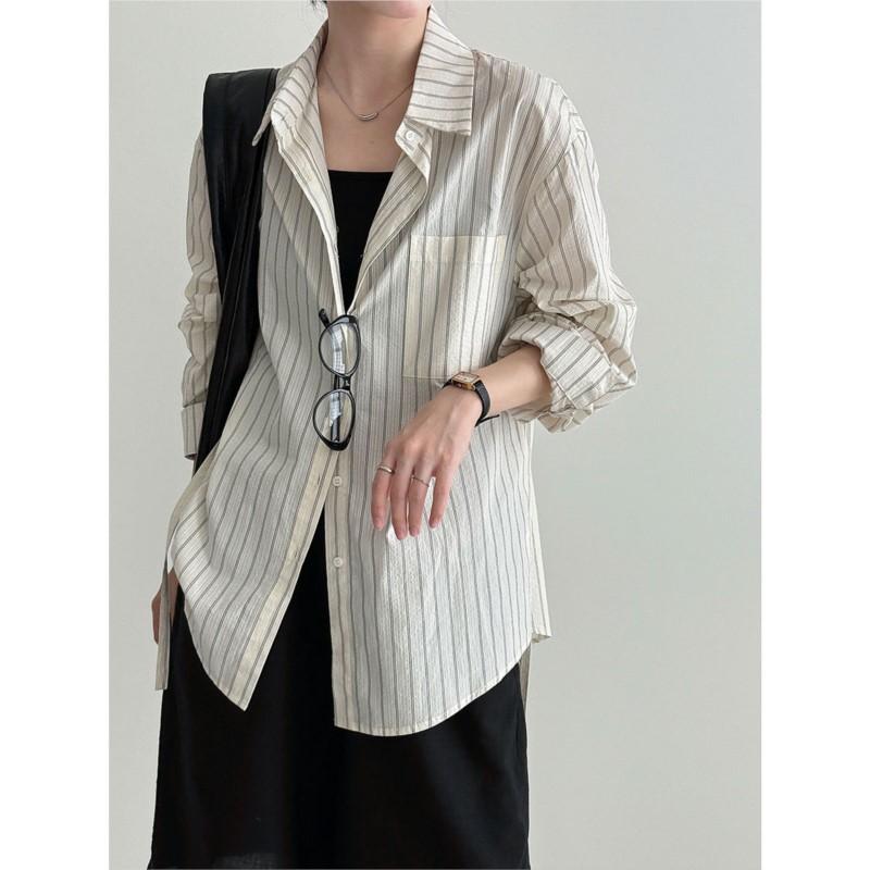 

Johnature Korean-style Striped Casual Shirt For Women Autumn Retro Simple Lapel Versatile Loose Long-sleeve Shirts L бежевый