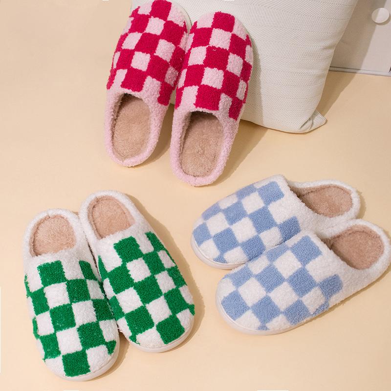 Fashion Fashion Mixed Color Plaid Cotton Slippers Women Comfort Soft Sole Plush Home Slides Woman 2025 Indoor Non Slip Fluffy Slippers
