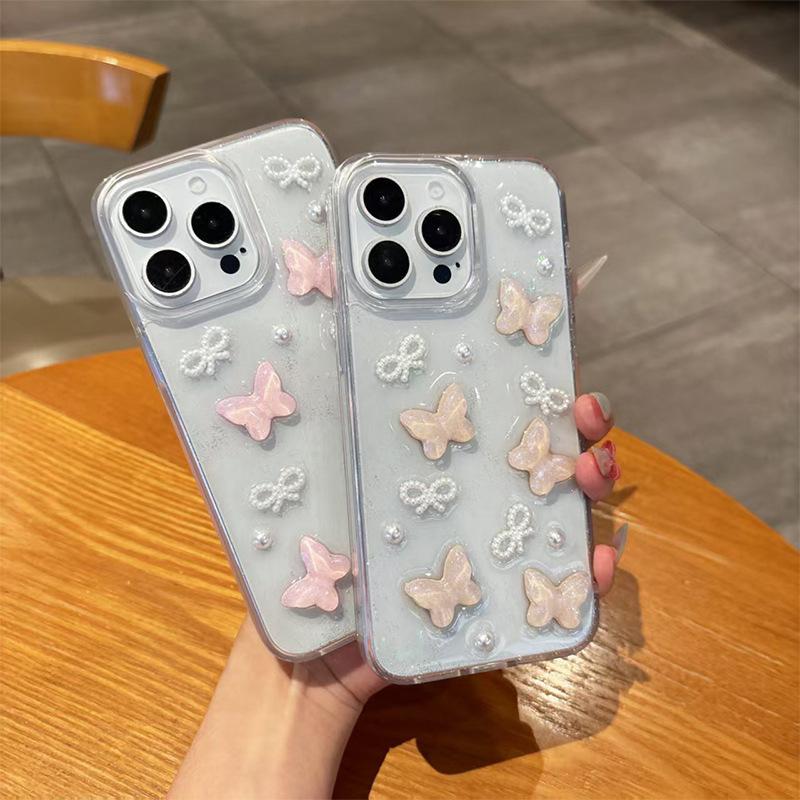 Bow Tie Butterfly Pearl Glitter Pink Phone Case for Apple 16 Promax Transparent for IPhone 17 Small Fresh and Fashionable