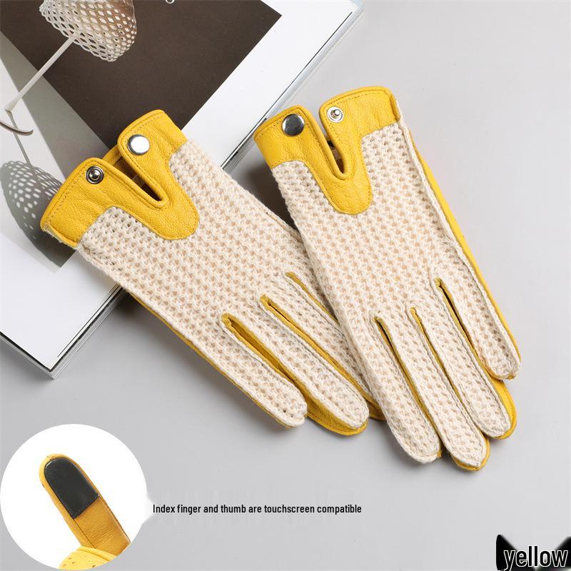 Unisex Sheepskin Harley Motorcycle Gloves: Retro, Breathable, Touchscreen-Compatible for Spring/Autumn Riding Men-L [Touchscreen Index & Thumb] жёлтый