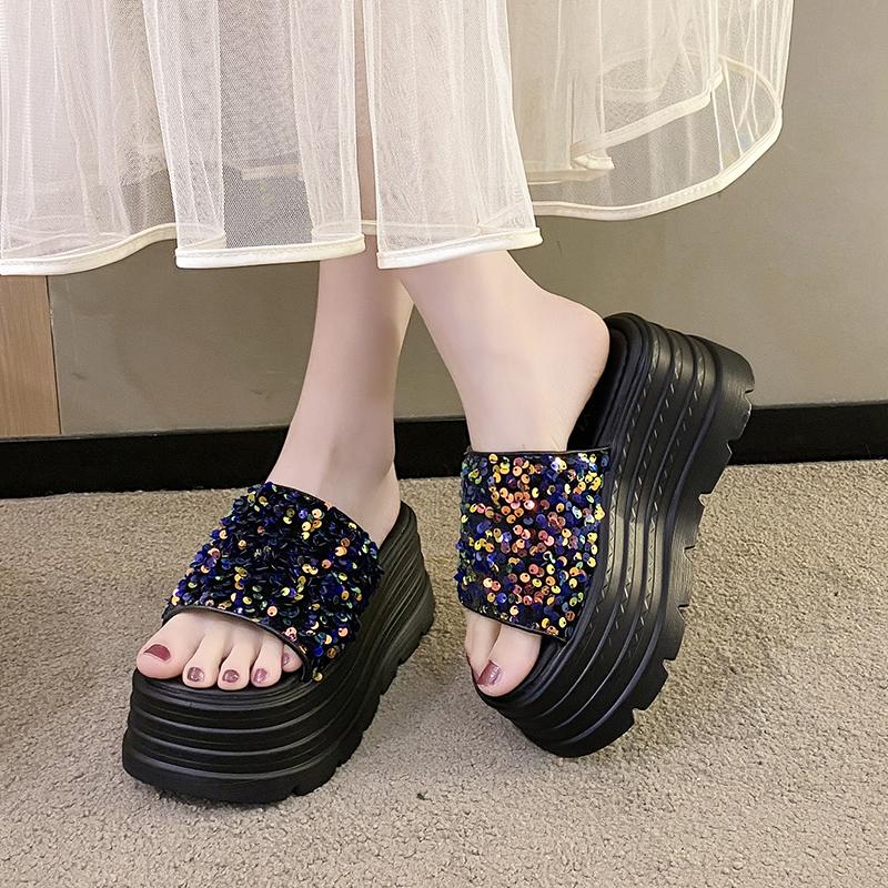 Fashion 8.5cm Synthetic Slip On Platform Wedge Fashion Sandal Bling ROME Ladies Beach Shoes Peep Toe Pumps Summer Slippers Fashion Shoes