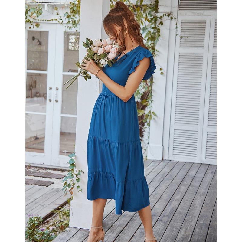V-neck Sexy Flying Sleeve Solid Color Dress Spring and Summer Casual Vacation A-line Skirt