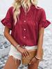 1116 European and American women's clothing casual short-sleeved pleated shirt button solid color cotton and linen stand-up collar shirt women