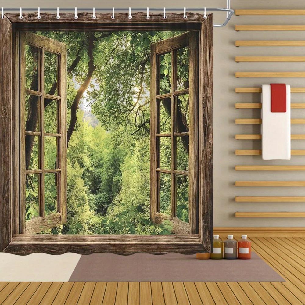 Scenic Shower Curtain Window Forest Green Tree Spring Natural Landscape Decoration Bathroom Curtain Polyester Patio Decoration