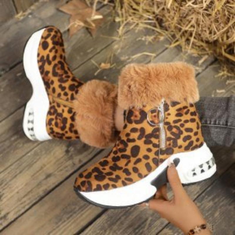 Women's Fur Mouth Zipper Large Size Soft Sole Winter Warm Fur Snow Boots Padded Lined Ankle Boots Non-Slip Hiking Casual Sports Cotton Boots