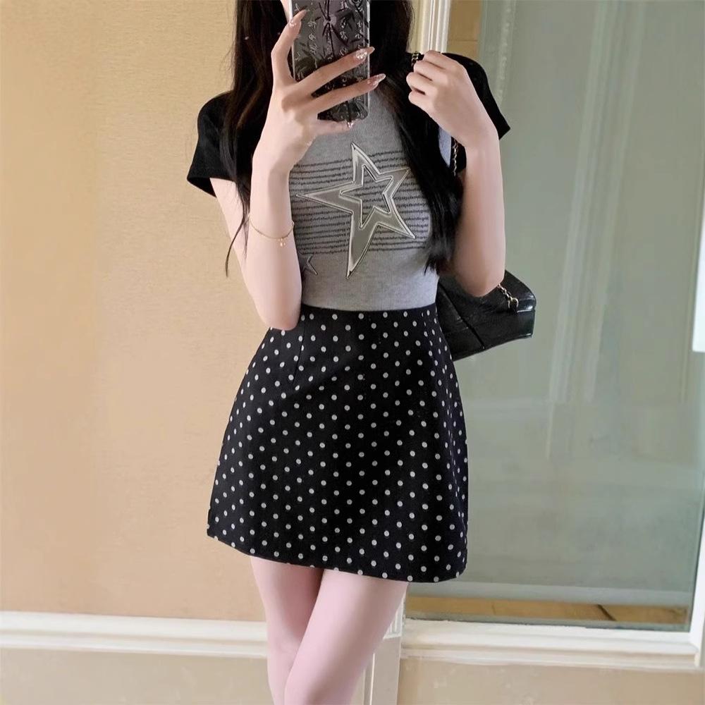Women's Black Bodycon Skirt: White Polka Dot, High Waist, A-line, Summer Casual Versatile Short Skirt