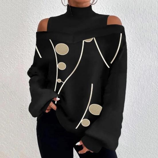 Frauen Kontrast Farbe Drucken Tops Kalte Schulter Halb Hohen Kragen Laterne Lange Hülse Lose Fit T-shirt