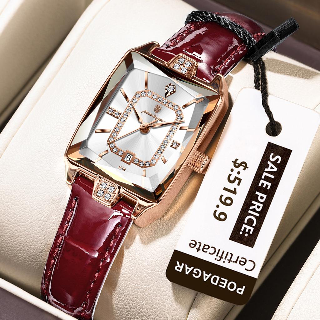 Luxury Women's Rose Gold Square Quartz Watch Leather Glass Wrist Accessory Women Watch