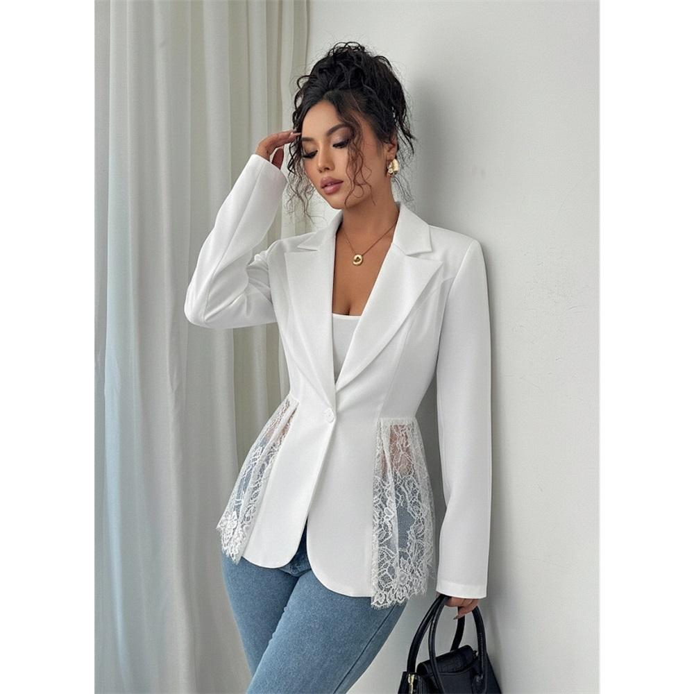 Blazer pour femme tendance printemps-été, couleur contrastée, dentelle à la taille, coupe ajustée, ligne A XXL blanc
