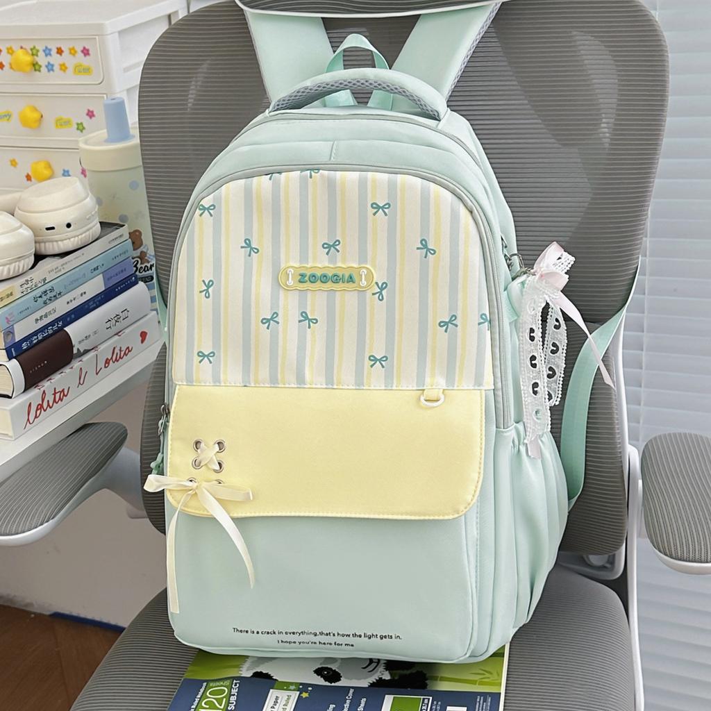 Schoolbag Fresh Striped Bow Backpack Middle School Student Class School Bag Women's Large Capacity Versatile Commuter Backpack