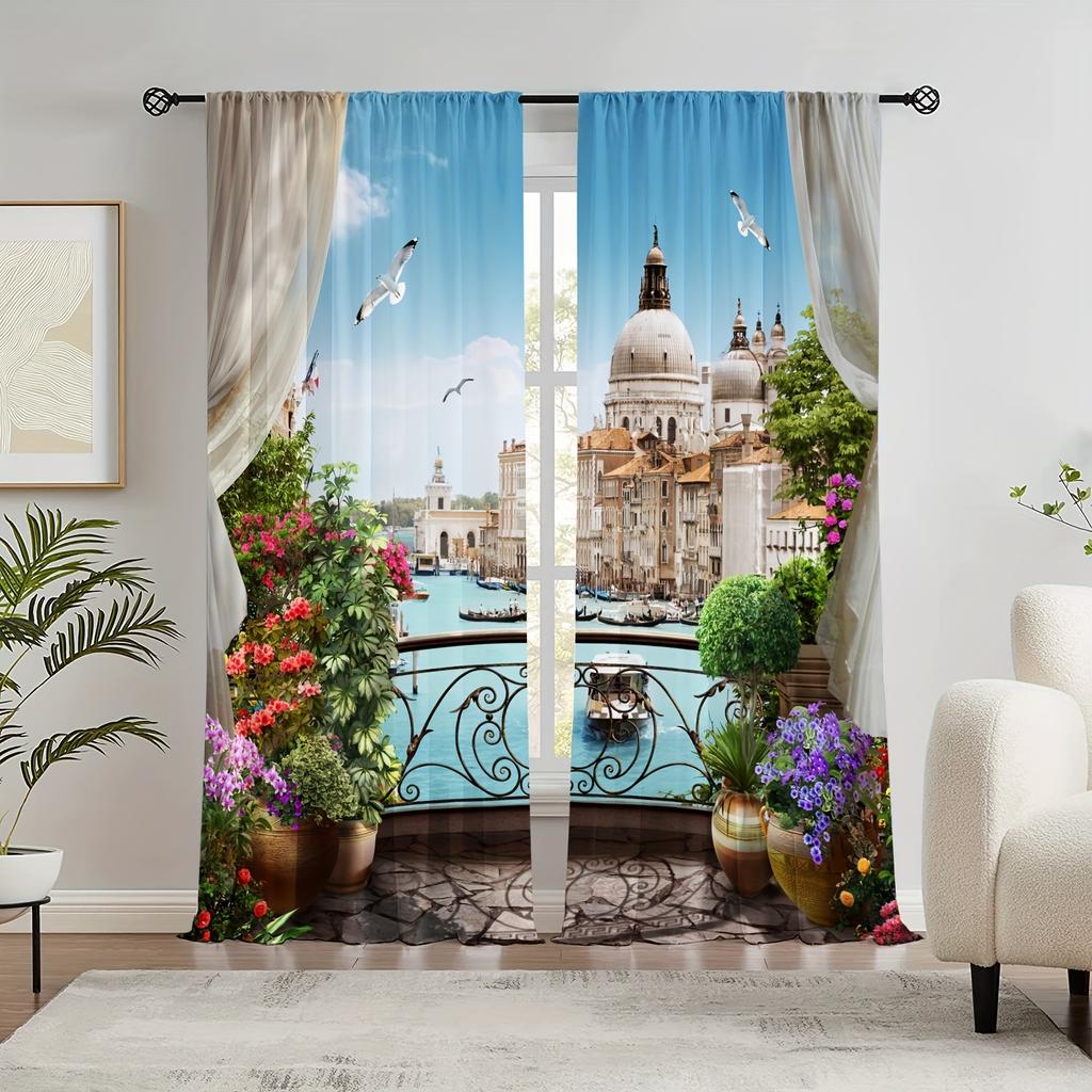 2 Stück Meer Balkon Architektonische Landschaft Halbverdunkelnd Druck Vorhang Für Wohnzimmer Schlafzimmer Badezimmer Heimdekoration Ösenaufhängung