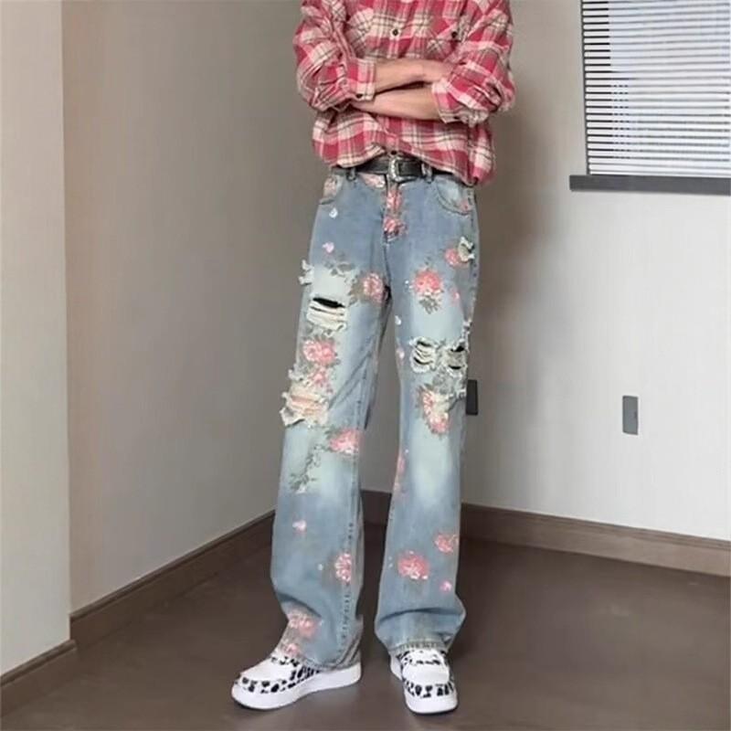 Mens High-Waisted Straight Cut Denim Jeans With Floral Print Distressed Details Casual Wear