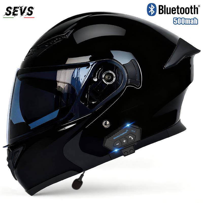 All-Season Universal Flip-up Motorcycle Helmet with Double Visor and Bluetooth Earbuds for Men and Women