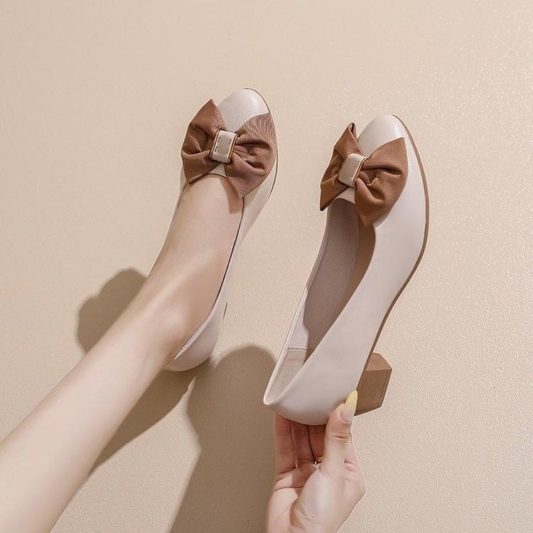 French evening wind single shoes thick heel new autumn soft-soled bow light mouth gentle wind Doudou shoes
