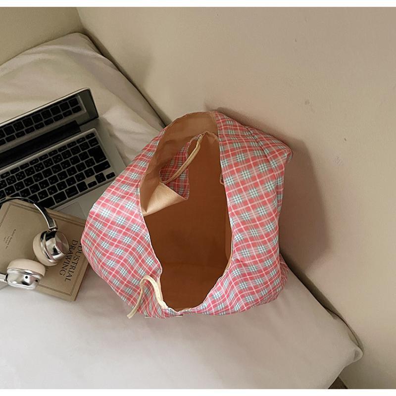 Plaid Shoulder Tote Bag With Cute Bow Decor Large Capacity For Daily Shopping School Commute