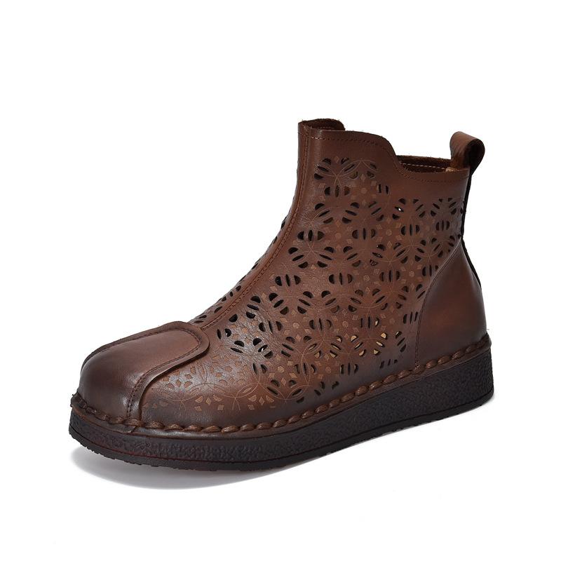 Johnature Ethnic Style Retro Soft Soled Hollow Out Boots Versatile Genuine Leather Flat Women's Sandals