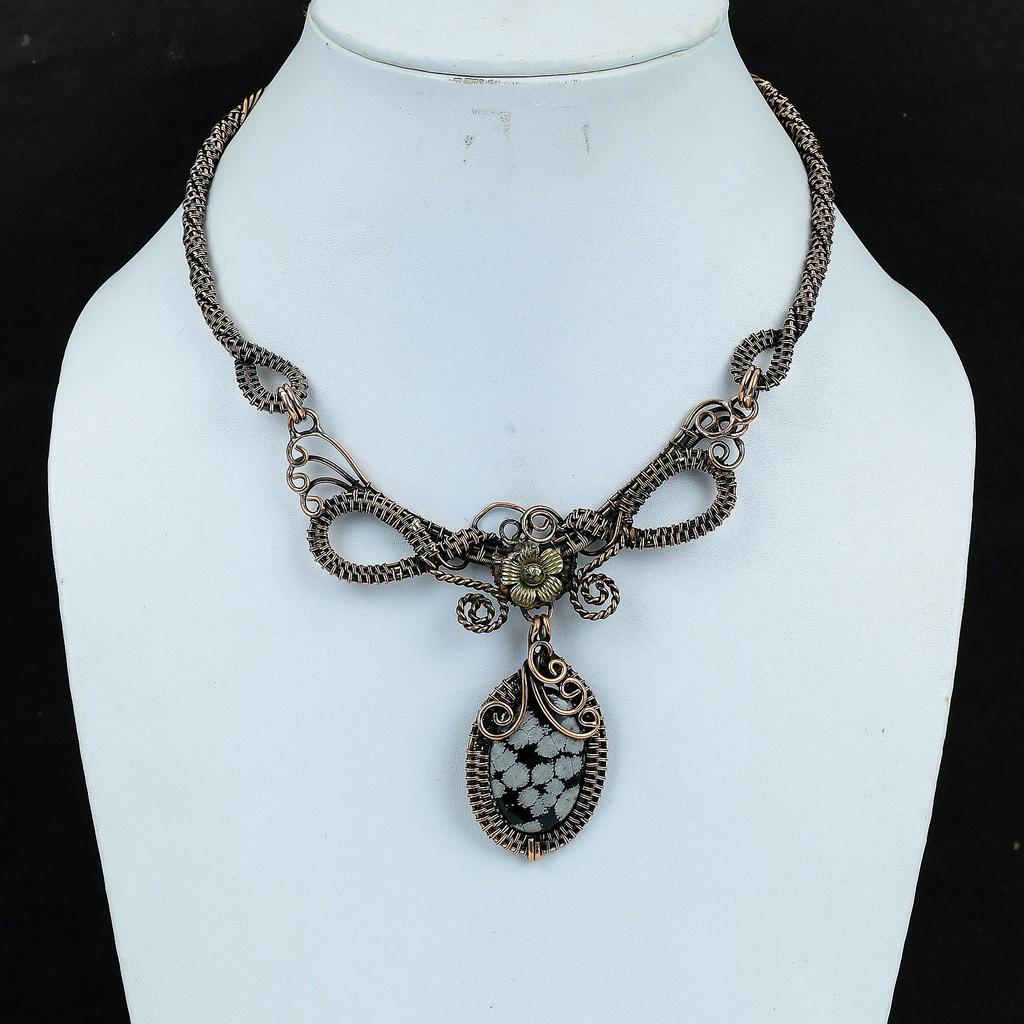 Snowflake Obsidian Necklace, 999 Copper Wire Wrapped Gemstone Handmade Dainty Jewelry Necklace, Adjustable Chain Necklace Gift For Her