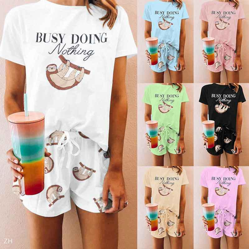

Домашний костюм женщин Хлопок Sleepwear Костюм Письмо Печатные Короткие рукава Top и Drawstring Шорты 2 Части