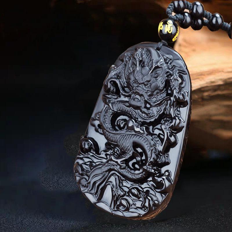 Exquisite Frosted Obsidian Dragon Brand Tyrannosaurus Rex Pendant Necklace for Men and Women