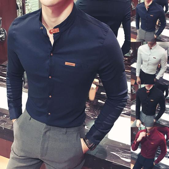 

Мужская рубашка однобортный однобортный облегающий повседневный весенний топ однобортного цвета для работы L темно-синий