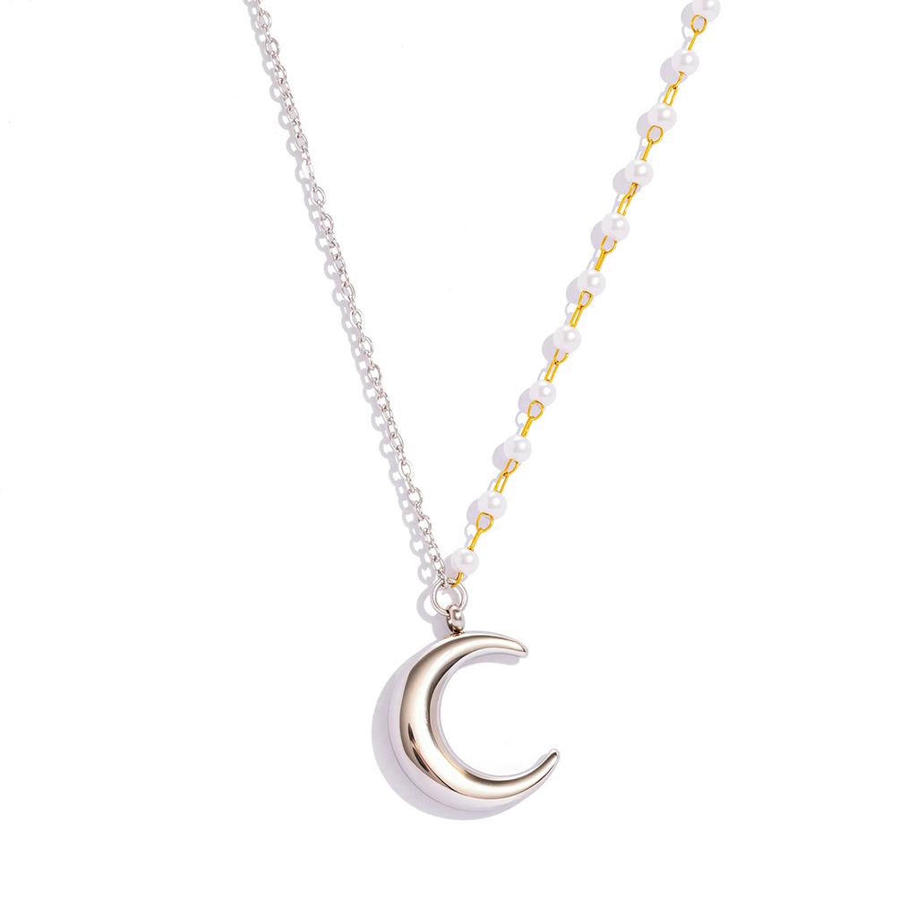Crescent Moon Necklace for Women, Asymmetrical Chain Fashion Statement Polished Charm Pendant, Stainless Steel Hypoallergenic
