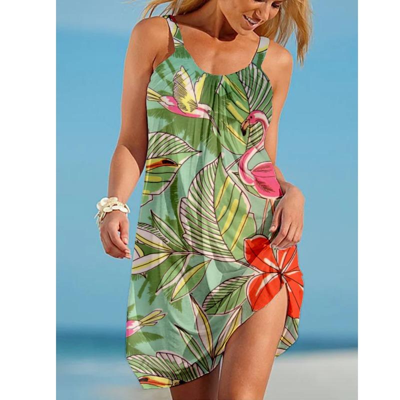 Sunflower Parrot Print Strap Mini Beach Dress Women Boho Summer Sexy Floral Dress Sleeveless Party Evening Dresses
