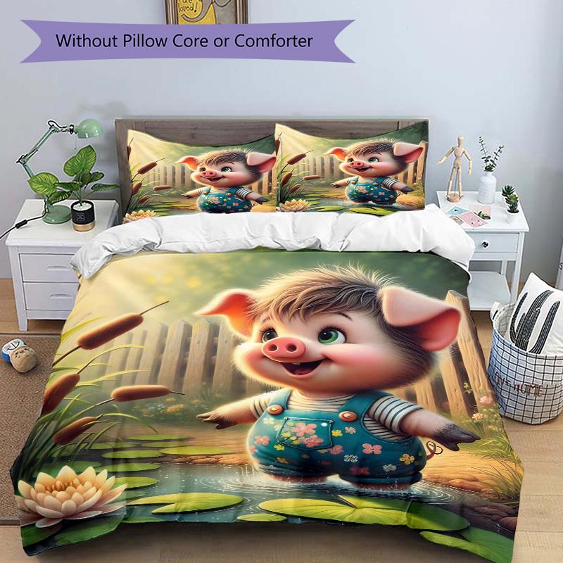3pcs Anime Piggy Bedding Set - Includes One Quilt Cover and Two Pillowcases (No Core) - Home Decor, Festival Gift, Polyester Fabric, Cartoon