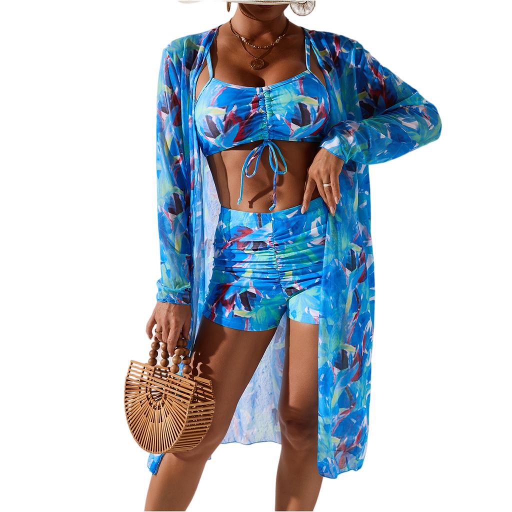 Women's Split Printed Three-piece Long-sleeved Sunscreen Blouse High Waist Boxer Swimsuit