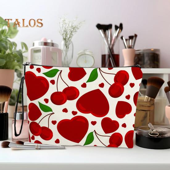 Cosmetic Storage Bag Heart And Cherrt Printing Contrast Color Makeup Organizer Zipper Closure Large Capacity Portable with Hanging Strap Beauty Bag