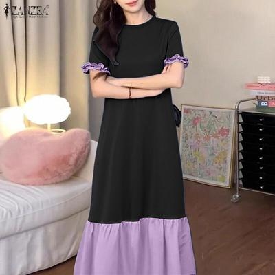Women Casual Round Neck Summer Short Sleeve Splice Long Dress